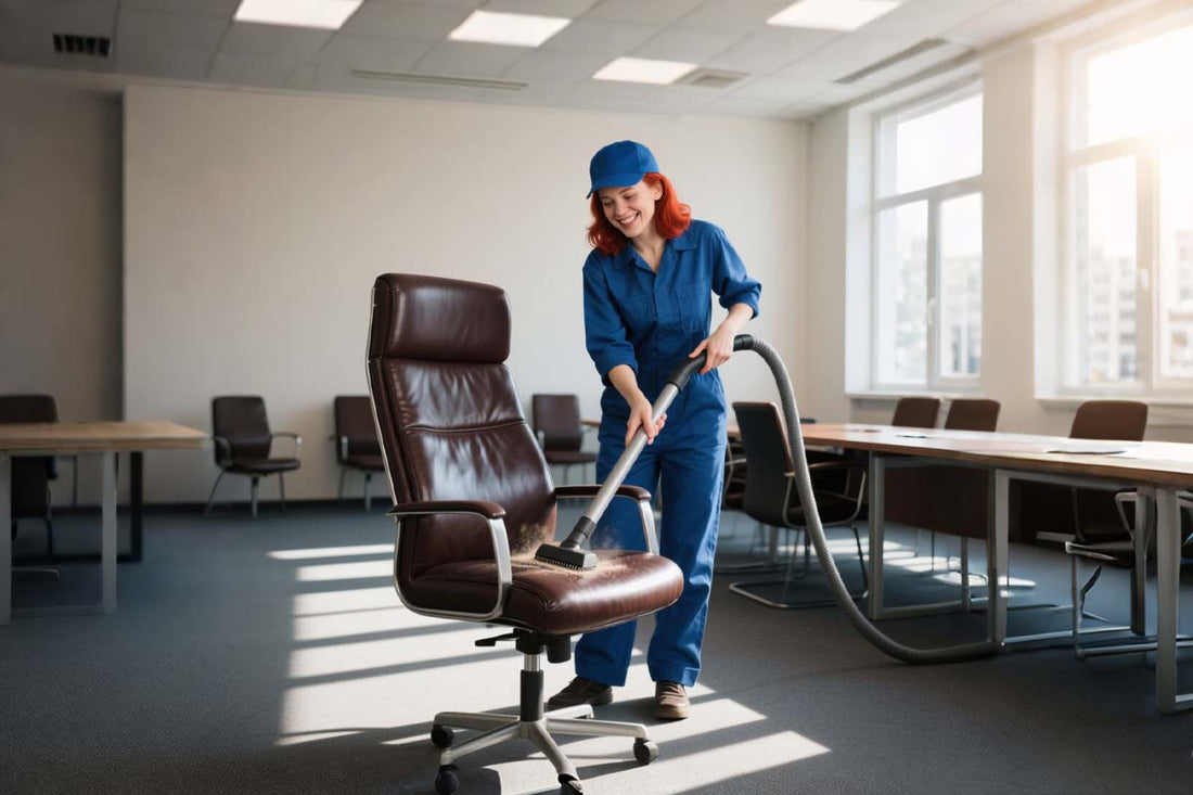 Leather office chair maintenance showing cleaning and care techniques
