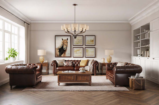 Leather sofa set in modern living room with contemporary design