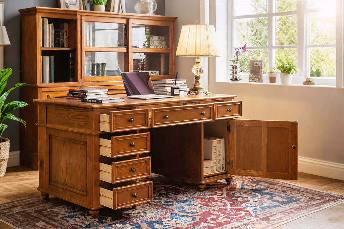 Office desks available on Amazon showing various styles and features