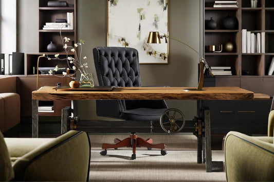 High-back office chair interior design 2026 - cohesive workspace with matched furniture, rugs and lighting for professional environment