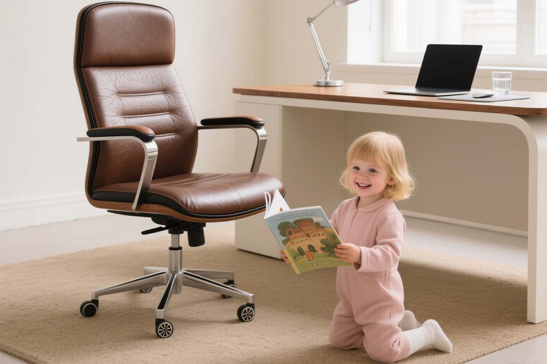 Stationary office chair without wheels for home workspace showing stability features