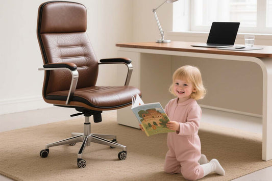 Stationary office chair without wheels for home workspace showing stability features