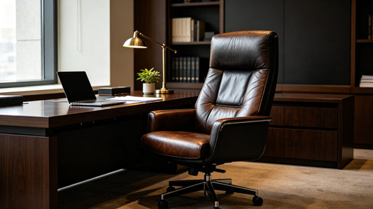Luxury executive private office with full‑grain leather office chair, wooden desk and large windows.