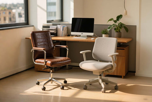 Office chair materials comparison showing fabric, leather and tech fabric options