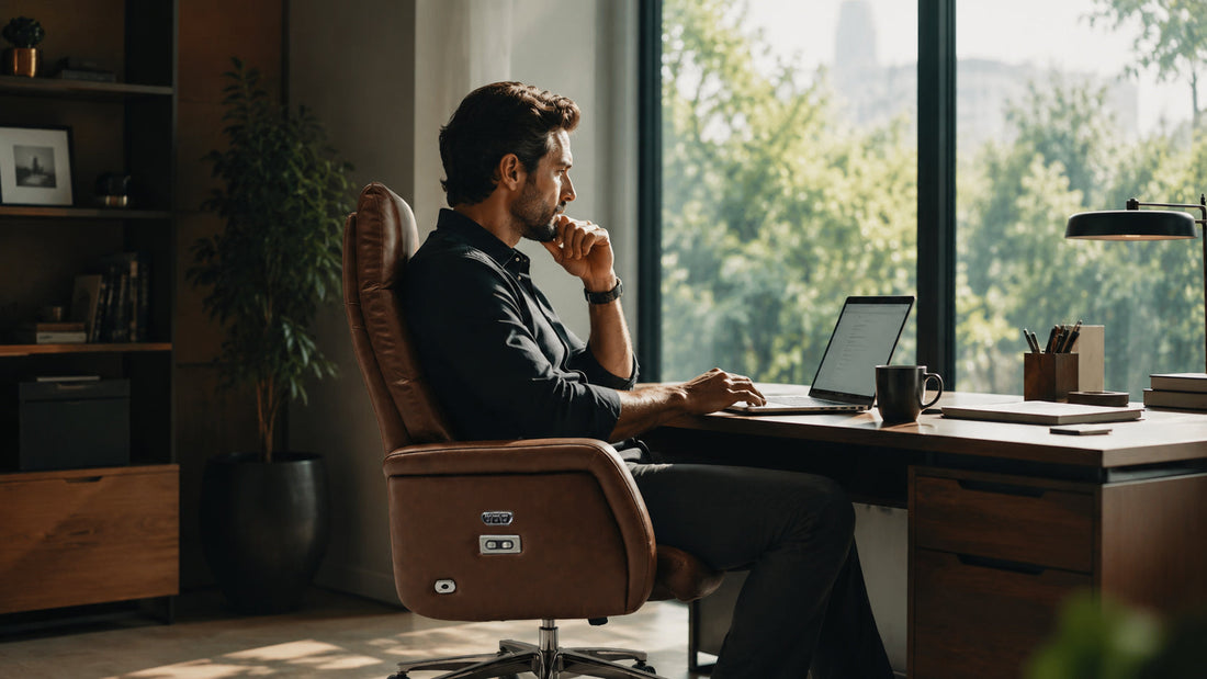 Male executive working on laptop in dark brown leather office chair inside modern executive office