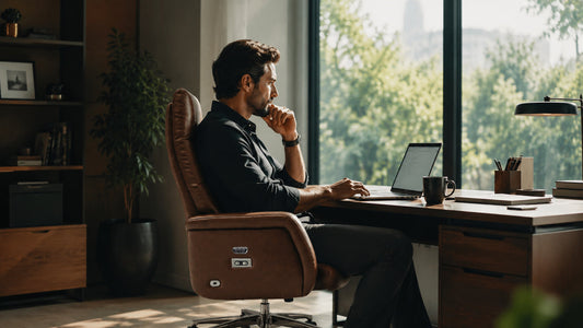 Male executive working on laptop in dark brown leather office chair inside modern executive office
