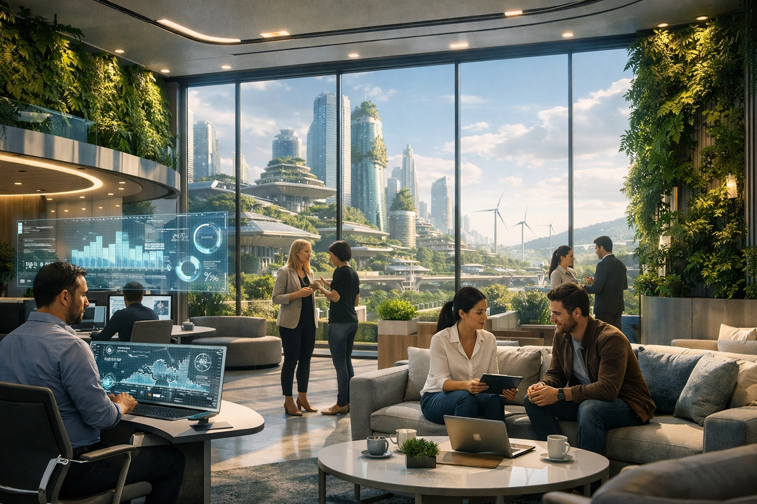 The future office: A harmonious blend of AI technology, sustainability, and human-centric design.