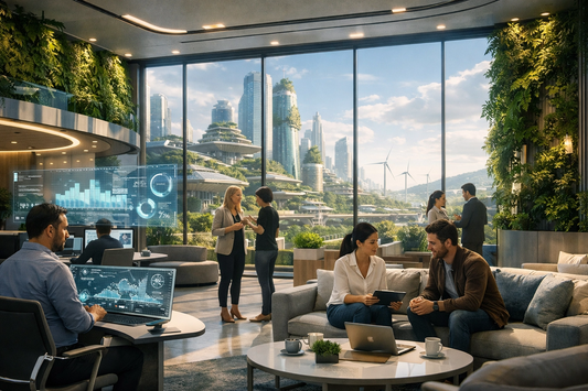 The future office: A harmonious blend of AI technology, sustainability, and human-centric design.